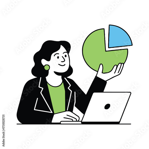 Vector art of a businesswoman is working on a laptop and analyzing a pie chart, showcasing data analysis and business intelligence