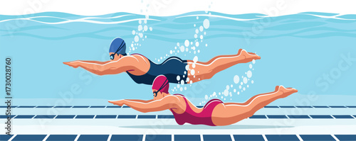 Male and female swimmers underwater, professional swimming competition, sports athletes training, swimming pool race, aquatic sport performance, fitness lifestyle illustration
