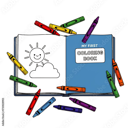 A child's first coloring book with a simple sun drawing and colorful wax crayons scattered around, representing early childhood education and creativity