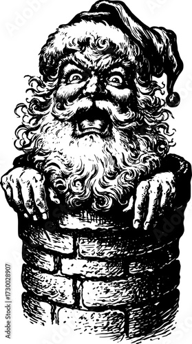 Santa Claus emerging from a chimney, featured in a vintage style. Detailed graphic illustration in vector format.