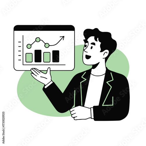 Vector art of a businessman presents a bar graph with an upward trend, illustrating business growth and financial analysis