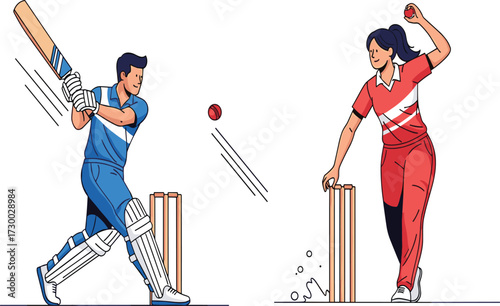Male cricket batsman hitting ball, female bowler delivering fast ball, professional cricket match action, sports competition, teamwork, outdoor athletic game illustration