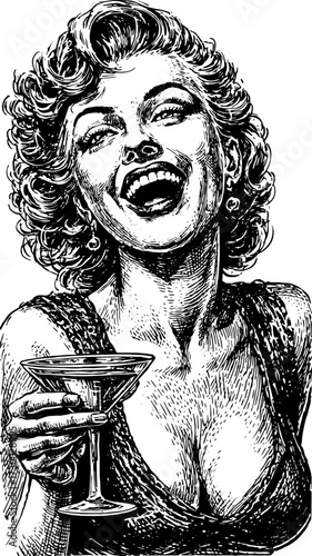 Woman smiling with a cocktail in a vintage drawing style. Black and white vector illustration showcasing beauty and elegance as a set.