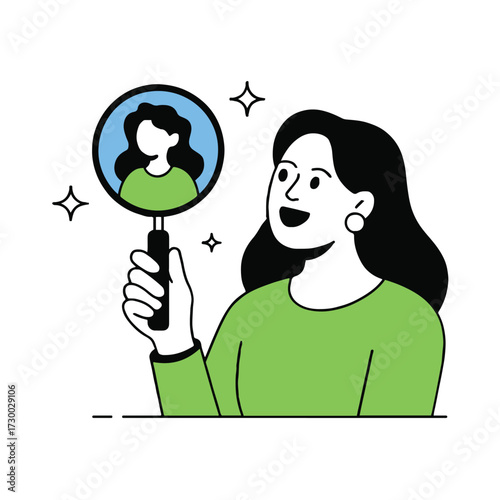 Vector art of a woman is looking at herself in a magnifying glass, which is surrounded by stars she is wearing a green shirt