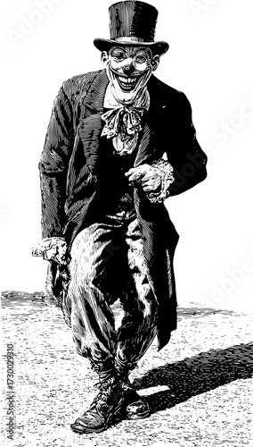 Vintage clown character illustration in black and white. A humorous depiction featuring a top hat and cane, perfect for a theatrical vector artwork.