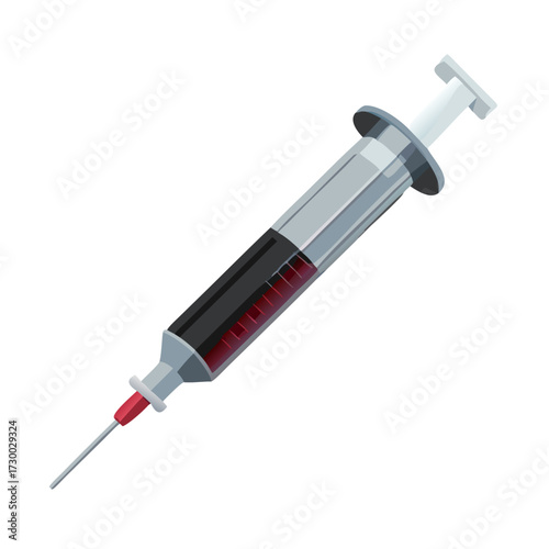 Medical Syringe Filled with Dark Liquid or Blood Vector Illustration
