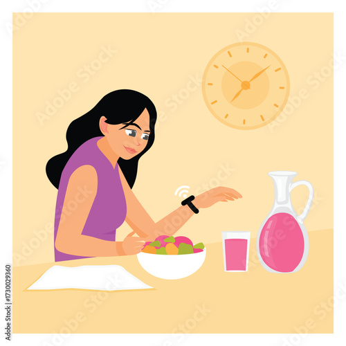 Intermittent fasting concept. Woman smiling while eating and looking at her watch.