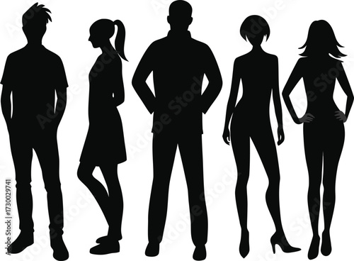 Silhouette Ensemble Diverse Group of People Standing Together Against a White Background Emphasizing Individuality and Collective Presence