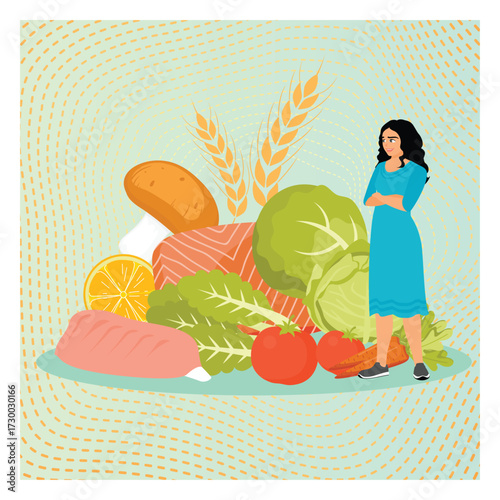 Flexitarian meal plan concept. Flexitarian diet plan, woman stands near a variety of foods.