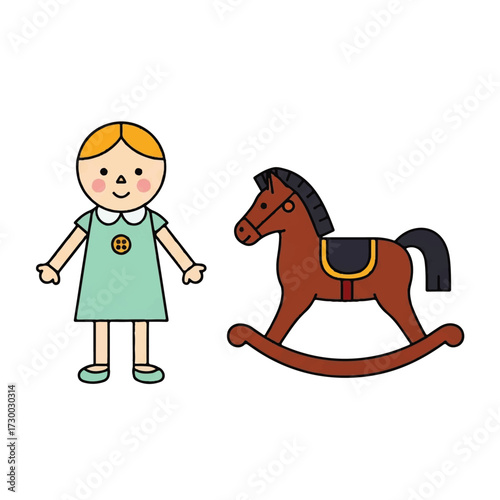 Illustrative doll and toy rocking horse convey nostalgic childhood innocence