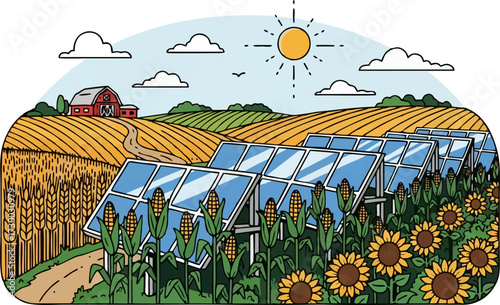Farm scene with wheat corn sunflowers and solar panels
