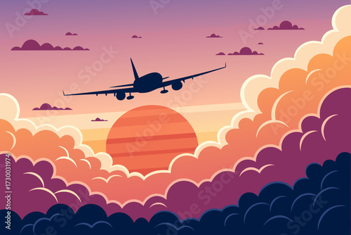 Beautiful Airplane Flying Above Clouds Sunset Bold Vect High-Quality Stock Image