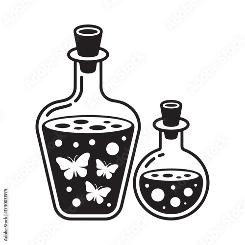 Two glass bottles with corks containing potions and butterflies silhouette