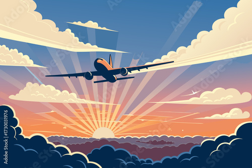 Airplane Flying Above Clouds Sunset Bold Vect Professional Photo Suitable for Design
