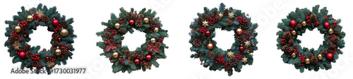 Set of four christmas wreaths with red and gold ornaments isolated on transparent background, perfect for adding a festive touch to your holiday designs