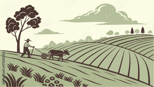 Cow Plowing Field Vector – Vintage Agriculture Illustration