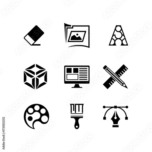 A cohesive set of 9 minimalistic flat vector icons representing key design tools and concepts