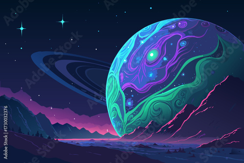Dynamic Alien Planet Glowing With Neon Landscapes Bold High-Quality Stock Image