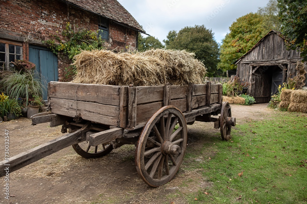 Obraz premium Rustic Wooden Farm Wagon with Hay Bales in Countryside Yard