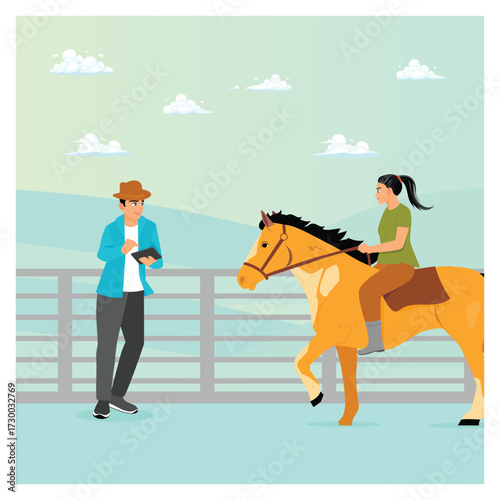 Horseback riding concept. A beautiful woman is riding a horse in the tourist horse area.