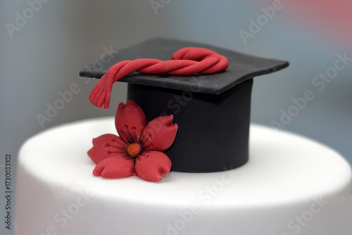 Graduation Cap and Red Flower Decoration on a White Cake
