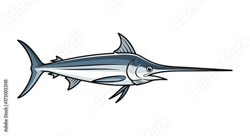 Illustration of a silver marlin fish with a long bill on white.