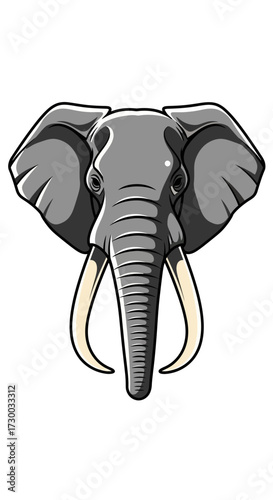Elephant head illustration facing forward with large tusks on a white background.
