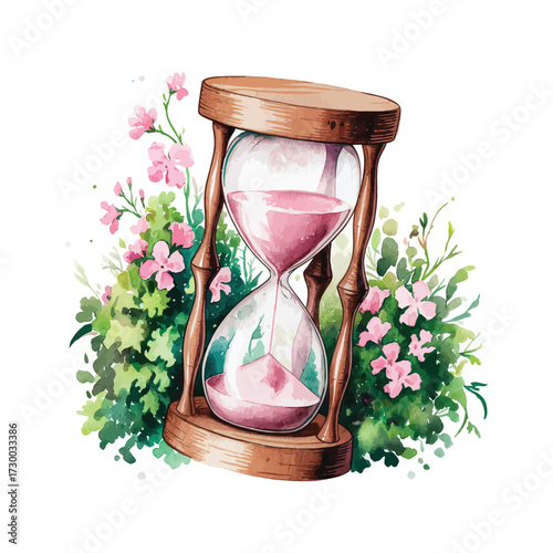 Vintage hourglass with pink sand amidst lush green foliage and delicate pink flowers, representing passage of time