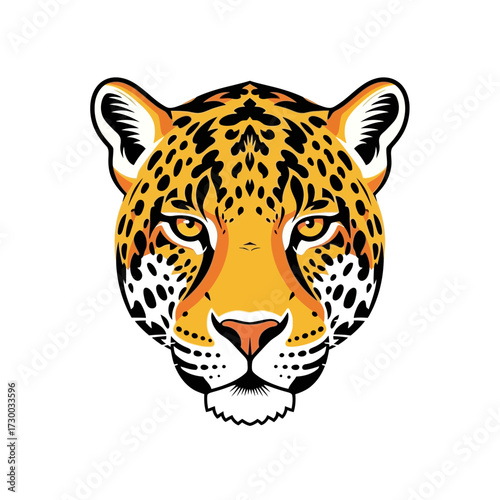 Jaguar head illustration with yellow orange and black spots on a white background.
