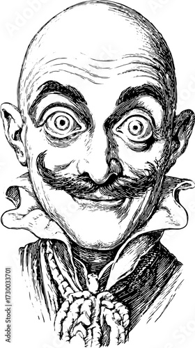 Vintage clown character illustration with a quirky expression. Black and white vector graphic style, featuring bold lines and a playful design.