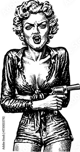 Vintage woman holding a gun with a fierce expression. Bold black and white vector illustration, featuring dynamic details in a retro style.