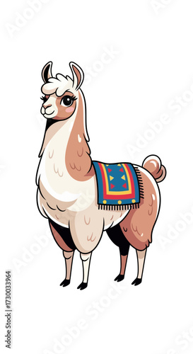 Illustration of a llama with a saddle on a white background.