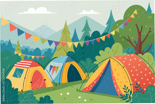 Campground With Tents And Flags Bold Professional Photo Suitable for Design