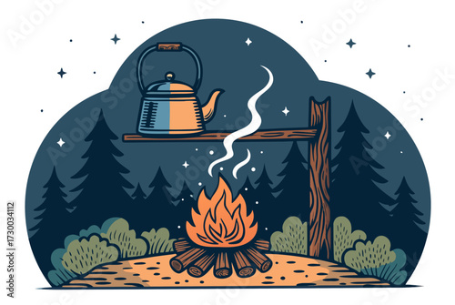 Camping Kettle Boiling Over Fire Bold Rus Professional Photo Perfect for Editorial Content