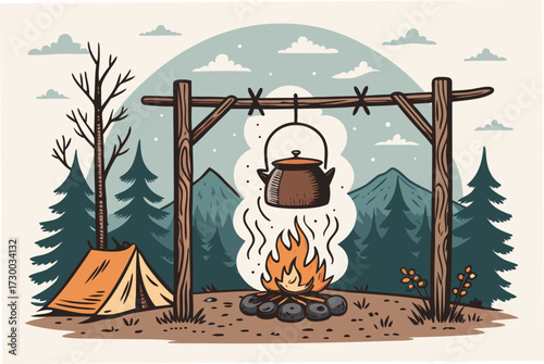 Depicting Camping Kettle Boiling Over Fire Bold Rus Vibrant Professional Photo