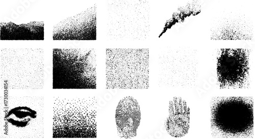 Abstract textures with black and white dot patterns in a cohesive set. Includes fingerprints and eye shapes, presented as a vector illustration.