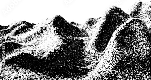 Abstract black and white illustration of mountains with a textured surface. This modern vector design features stylized hills and contours in a geometric set.