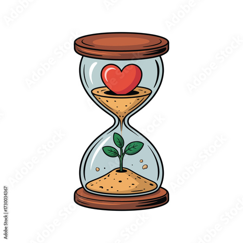 Hourglass with Heart and Plant Growth Time Love and Nature Concept