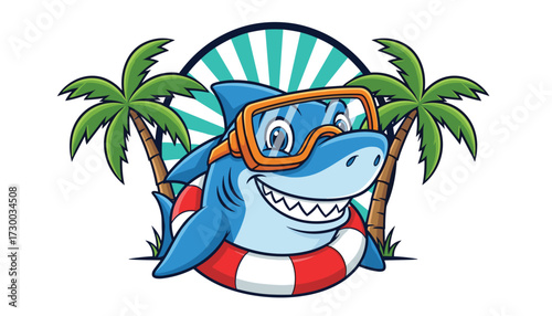 Vector art of funny cartoon shark wearing swimming goggles and a lifebuoy, with palm trees and sun rays behind it 