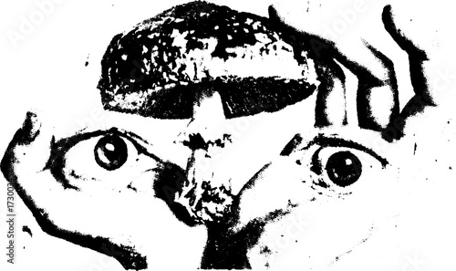 Mushroom held by hands, with eyes in view. Black and white abstract vector illustration conveying expression and unity.