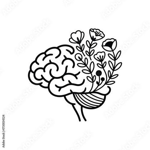 Brain with Growing Flowers and Plants Mental Health and Growth Concept