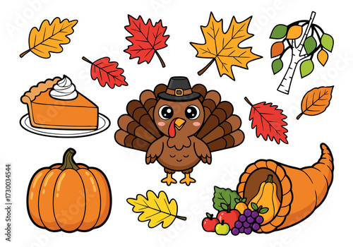 Cute Thanksgiving Cartoon Set for Kids Turkey, Pumpkin, Leaves, Pie, and Cornucopia in EPS