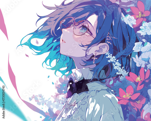 A girl with vibrant blue hair gazes upwards, adorned with glasses and flowers around her. The scene captures a dreamy atmosphere filled with color and light.