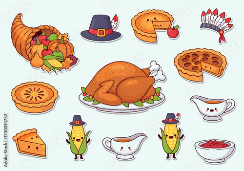 Cute cartoon thanksgiving set for kids, featuring a roast turkey, pies, corn, and autumn vegetables