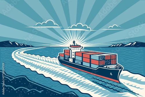 Cargo Ship Sailing With Glowing Waves Bold Vecto Premium Digital Asset Ideal for Marketing