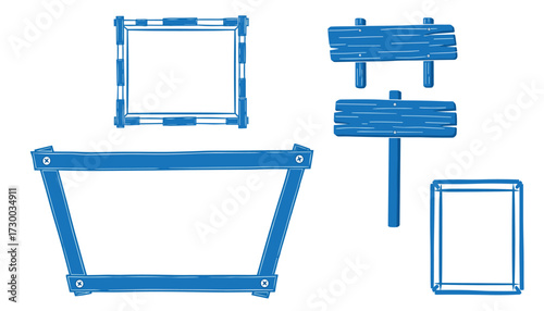 Vector art of collection of blue wooden frames and signs 