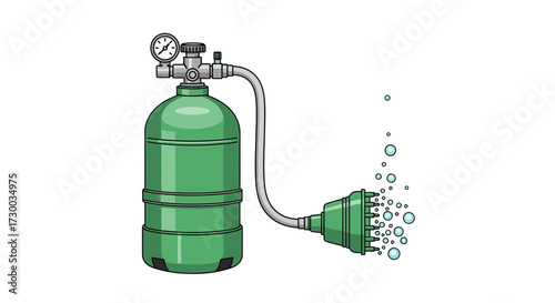 Green oxygen tank with gauge connected to a diffuser producing bubbles.