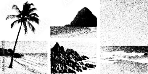 Beach scene featuring a palm tree, sea waves, and rocky coastline. This vector illustration captures nature's beauty in a serene landscape set.