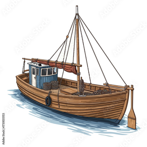 Illustration of a wooden fishing boat with a mast and small cabin.