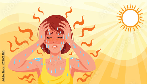 Vector art of woman suffering from heatstroke, holding her head in hands, sweating profusely under the scorching sun with heat waves emanating from her body and the sun 